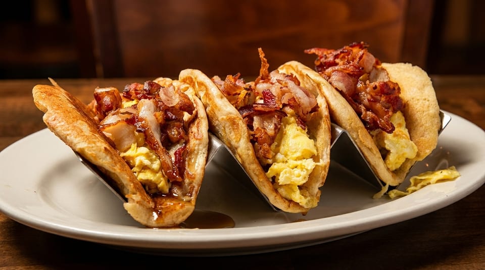 Three breakfast tacos with scrambled eggs, bacon, and syrup on a white plate.