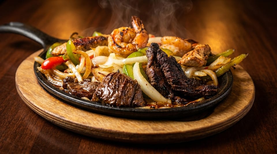 Sizzling fajitas with steak, chicken, shrimp, onions, and peppers in a cast iron skillet.