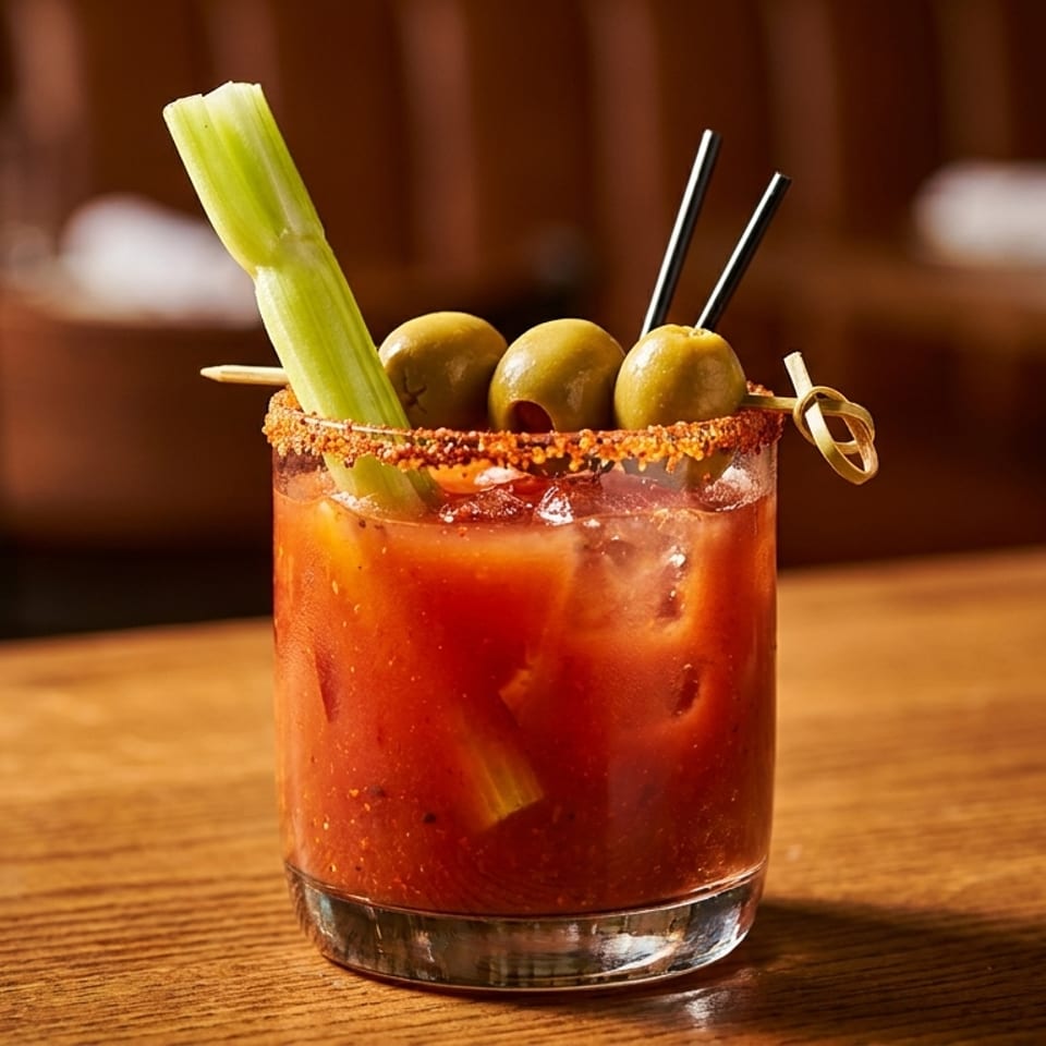 Bloody Mary cocktail garnished with celery, olives, and a spiced rim on a wooden bar.