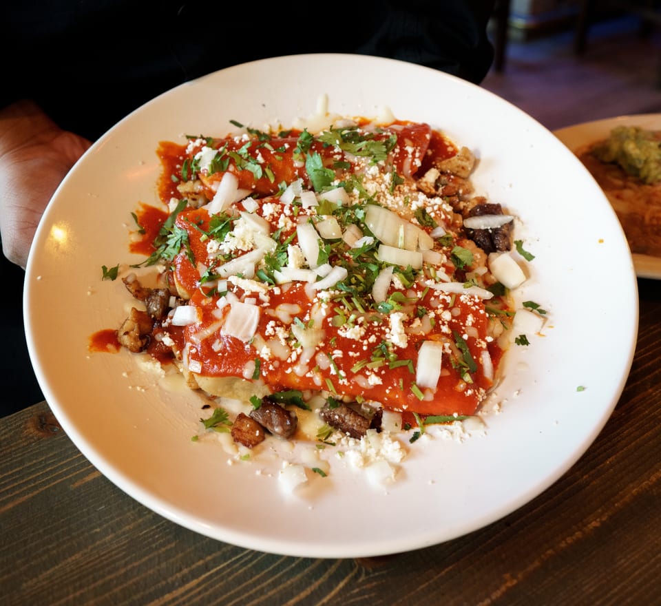 A white plate of enchiladas topped with red sauce, onions, cilantro, and crumbled cheese.