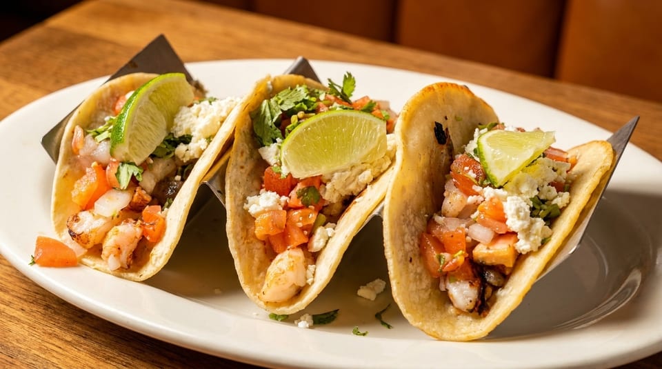 Three shrimp tacos with pico de gallo, crumbled cheese, and lime wedges on a white plate.
