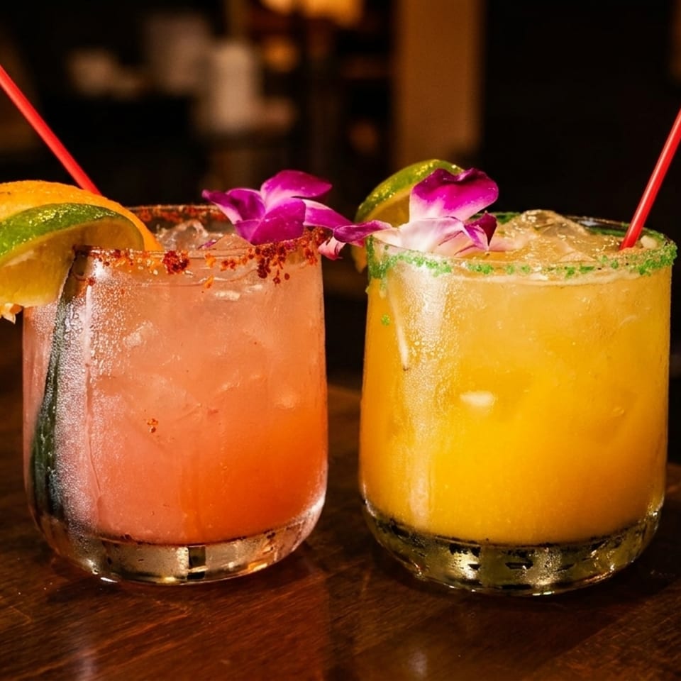 Two colorful cocktails, one pink and one yellow, garnished with fruit and flowers on a wooden table.