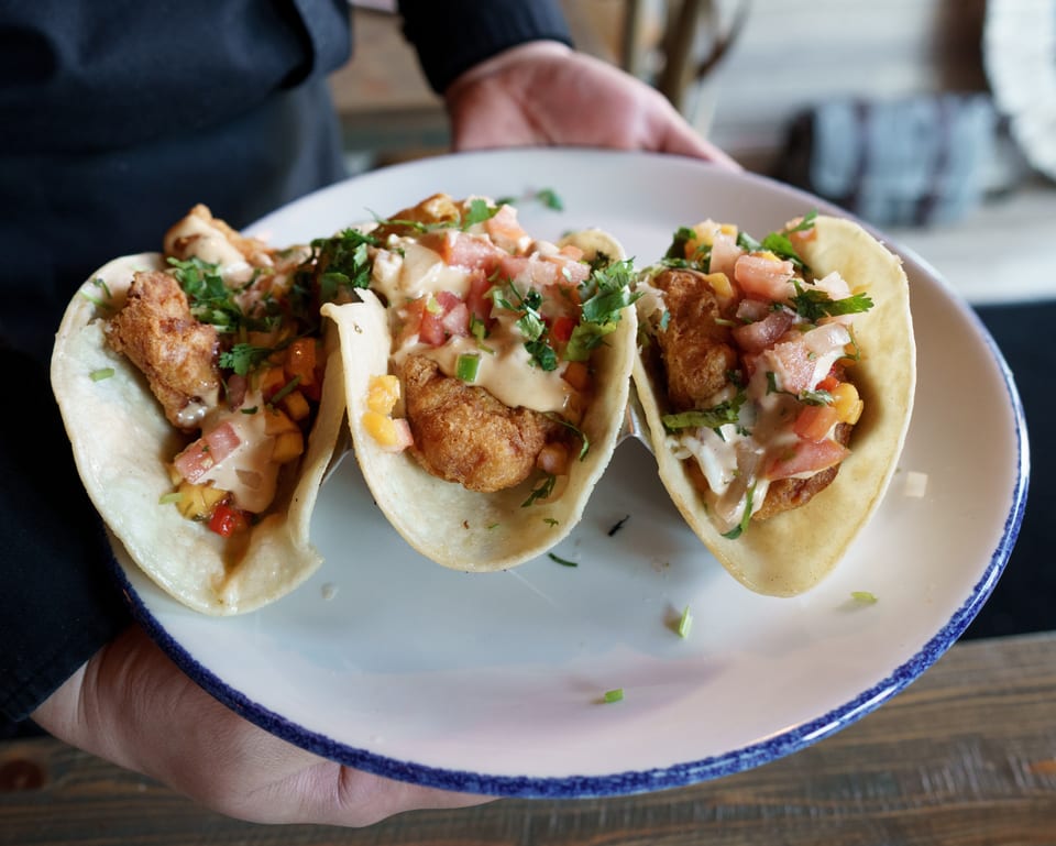 A server holds a plate with three crispy fish tacos topped with salsa, sauce, and cilantro.